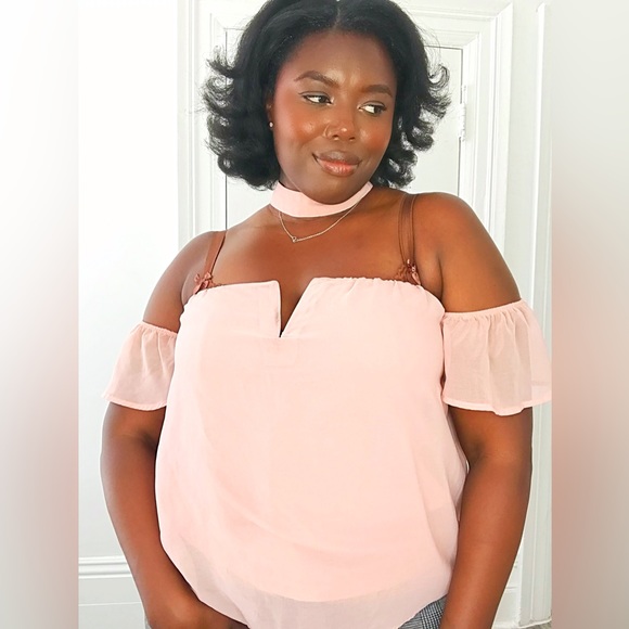 Powder Pink Off The Shoulder Top With Slit Front Lightweight Top With NeckTie - Picture 7 of 7